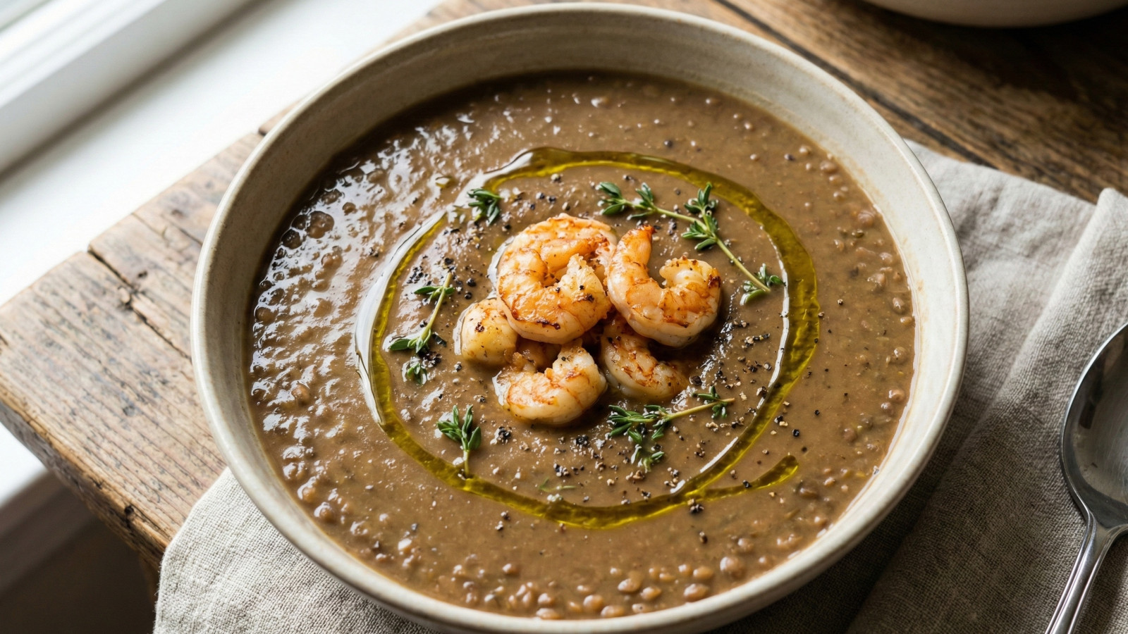 Vellutata di lenticchie e scampi