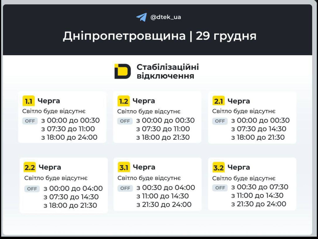 График отключения света на Днепропетровщине на 29 декабря: сколько будет электроэнергии