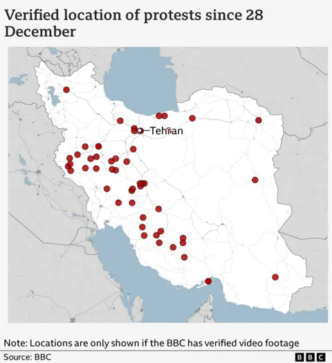 A BBC graphic showing locations of verified protests in Iran.
