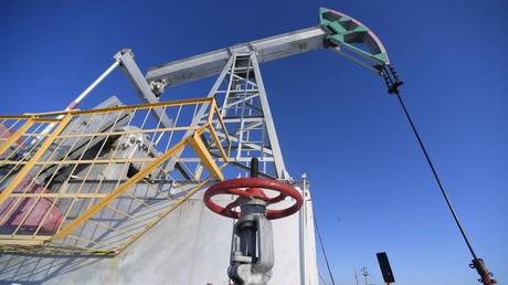 An oil pumpjack in Almetyevsk District, Tatarstan, Russia.
