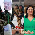 Composición de imágenes sobre la captura de Nicolás Maduro por Estados Unidos, protestas internacionales, juramentación de Delcy Rodríguez y primera comparecencia judicial en Nueva York