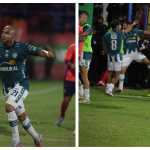 Alexander Robinson celebra tras el pitazo inicial del partido, mientras en la imagen se observa a varios jugadores en medio de una confrontación. (Foto Prensa Libre: Keneth Cruz/Esbin Garcia).