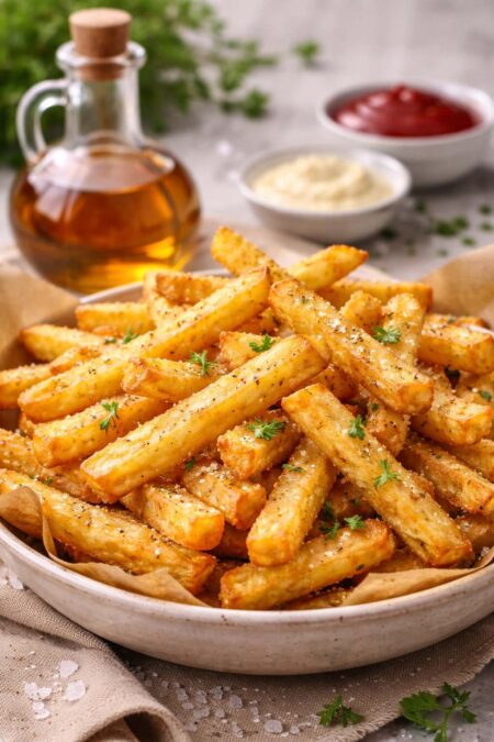 Patatine fritte a bastoncino perfettamente dorate e integre grazie alla sbollentata in acqua e aceto