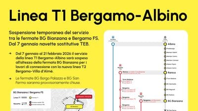 Linea T1 Bergamo-Albino, lavori di connessione: dal 7 gennaio sospensione di due fermate