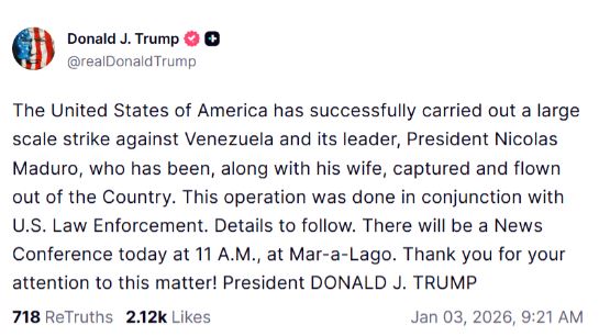Bombardohet Venezuela, reagon Trump: SHBA kreu me sukses një sulm të madh. Maduro është kapur dhe nxjerrë jashtë vendit