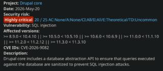 Vulnerabilità “highly critical” con SQL injection su Drupal: c’è una patch urgente