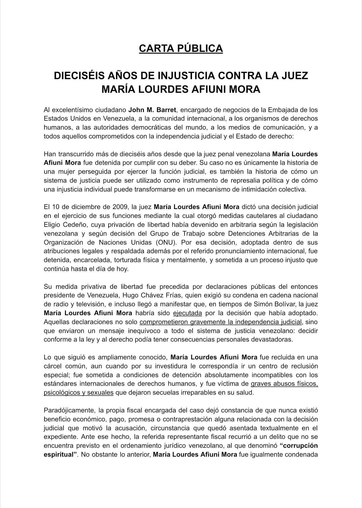 Caso Afiuni: familia solicita apoyo de Estados Unidos para cierre del expediente